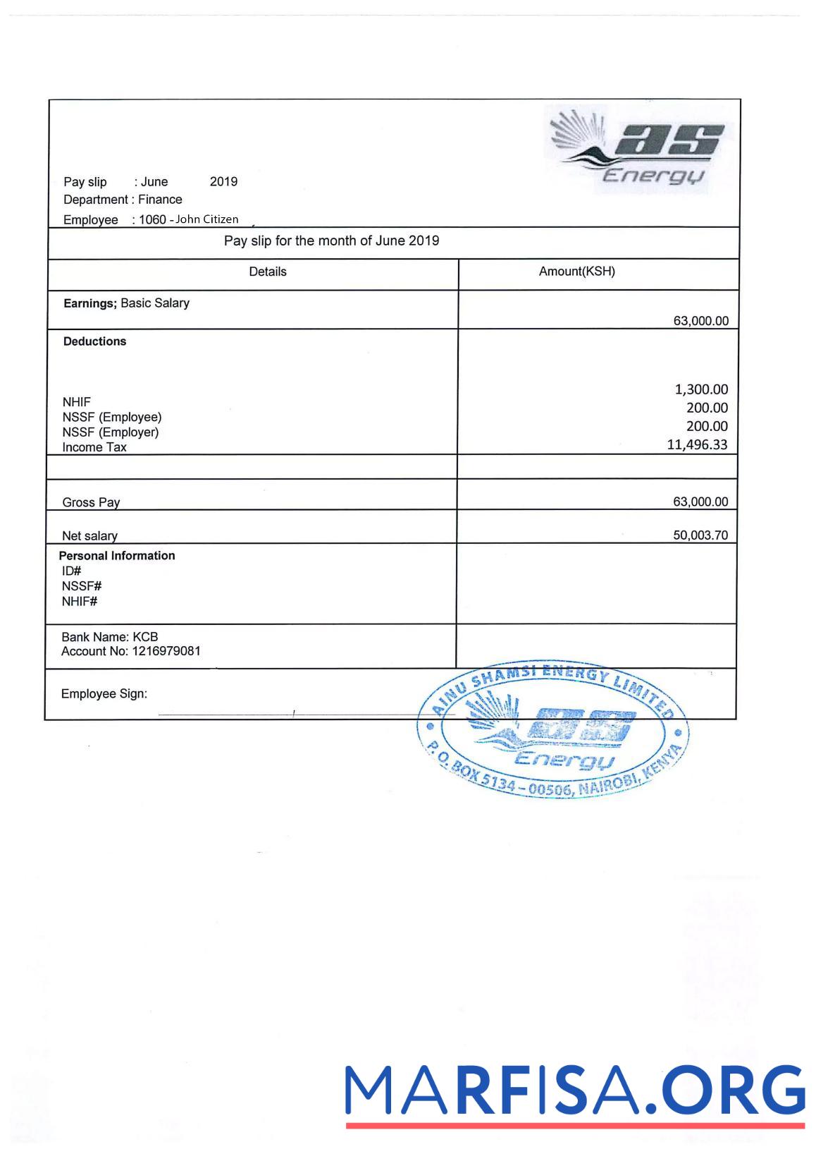 Realistic Kenya AINU Shamsi Energy Limited payslip sample
